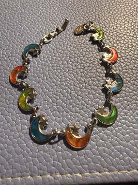 Vintage Silver Tone Inlay Abalone Crescent Moon and Stars Link Bracelet